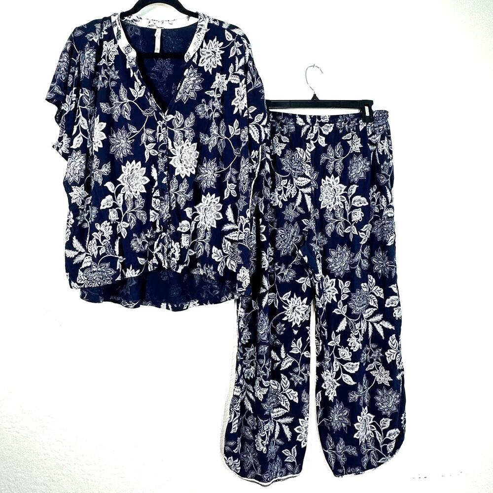 XL Soma Cool Nights Set Pajama Pj's Set Pants Top Navy Floral Sleepwear
